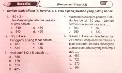 Ulangan matematika tema 1 sub tema 3 dan 4