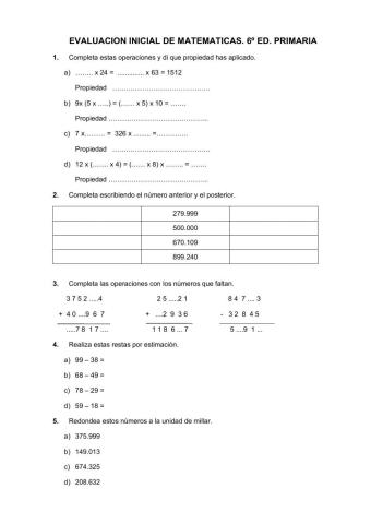 EVALUACION INICIAL MATEMATICAS 6º