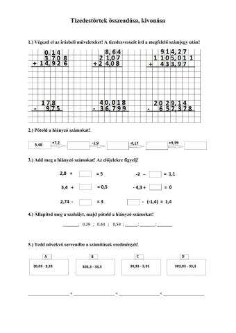 Tizedestörtek összeadása, kivonása ismétlés