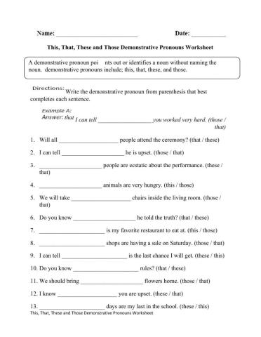 Demonstrative Pronoun Practice 