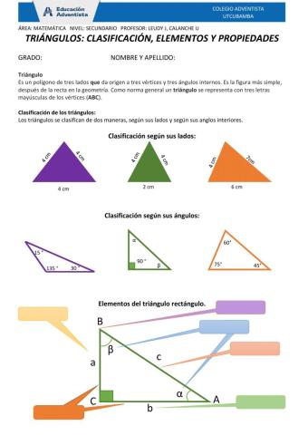 TRIÁNGULOS: CLASIFICACIÓN, ELEMENTOS Y PROPIEDADES