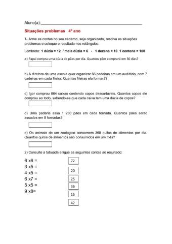 Situações problemas, multiplicação e divisão