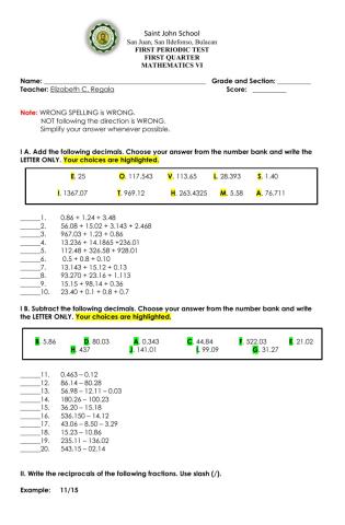 First Periodic Test in MATH 6