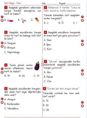 2. sinif harfler test