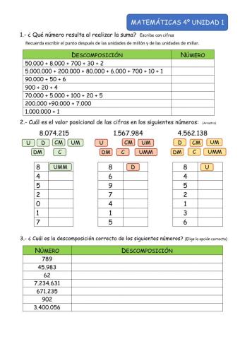 Numeración: Valor posicional y descomposición factorial de números de hasta 7 cifras