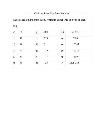 Odd and Even Numbers Practice