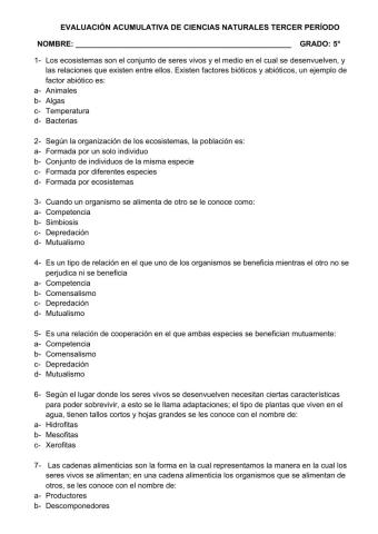 Evaluación de ciencias naturales