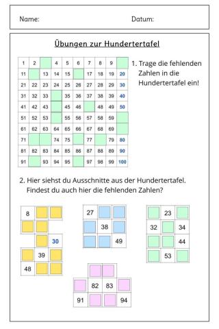 Mathematik 2. Klasse  - Aufgaben zur Hundertertafel