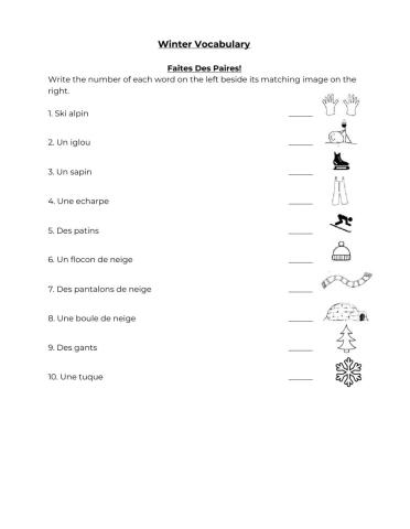 French Winter Vocabulary Matching