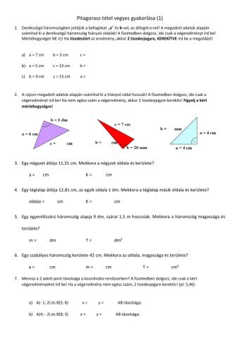Pitagorasz-tétel vegyes gyakorlás (1)
