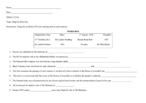 Majority Rule Day worksheet Bahamas (CIGB)