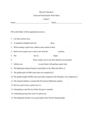 AFA Grade 9 Sprint worksheet