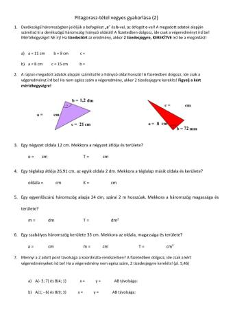 Pitagorasz-tétel vegyes gyakorlás (2)