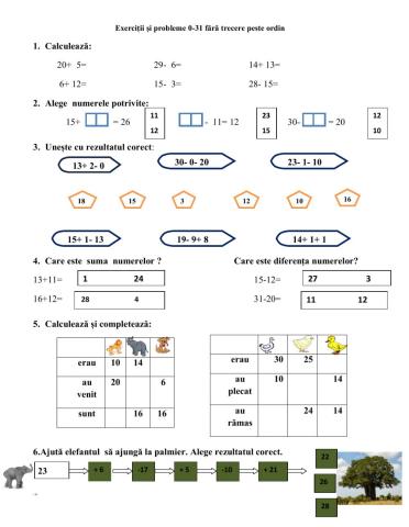 Adunări și scăderi 0-30 fără trecere peste ordin