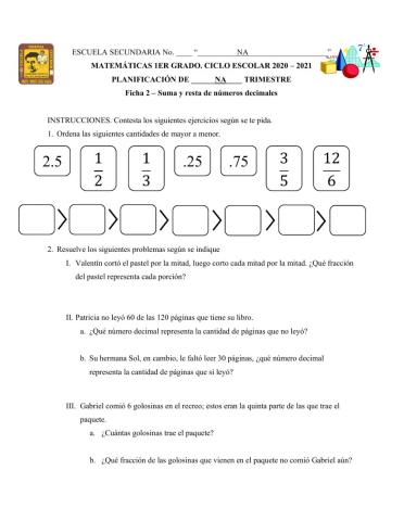 Ficha de números decimales y fraccionarios