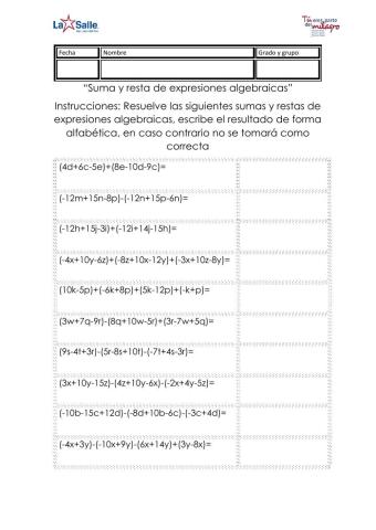 Suma y resta de expresiones algebraicas