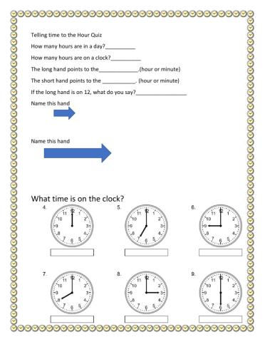 Telling time to the Hour Quiz