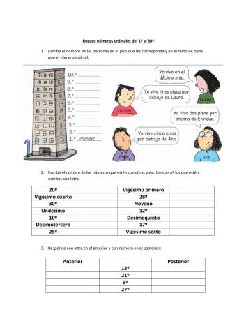 Números ordinales del 1º al 30º