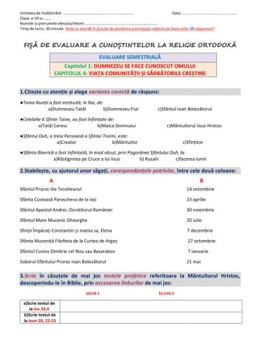 Evaluare semestriala I, cls a VII-a