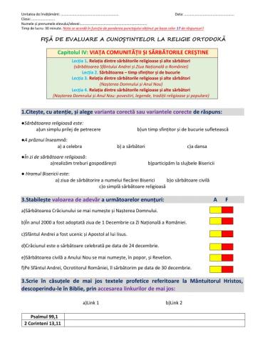 Fișă de evaluare VIATA COMUNITATII ȘI SĂRBĂTORILE CREȘTINE