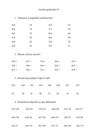 Szorzás gyakorlólap 01