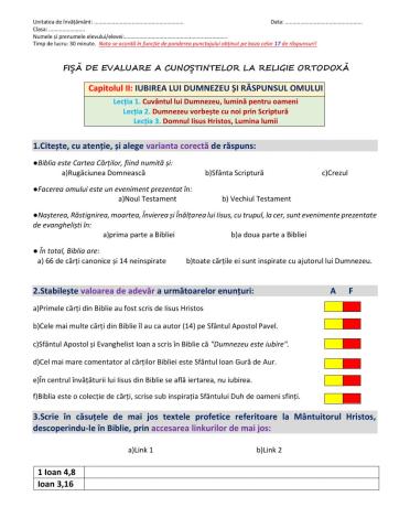 Fișă de evaluare cls. a VIII-a Iubirea lui Dumnezeu si raspunsul omului