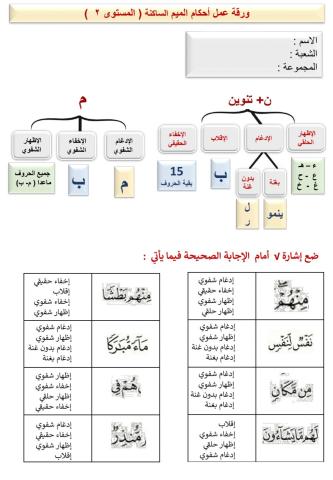 ورقة عمل أحكام الميم الساكنة ( المستوى 2)ـ