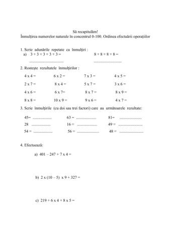 Să recapitulăm! Înmulțirea în concentrul 0-100. Ordinea efectuării operațiilor