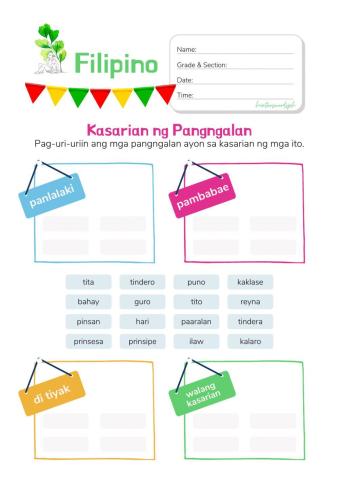 Kasarian nga Pangngalan (Filipino Worksheet)