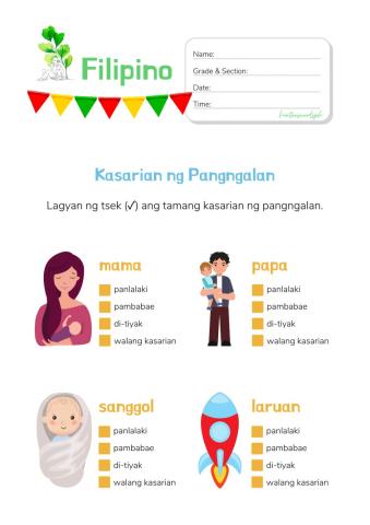 Kasarian nga Pangngalan (Filipino Worksheet)