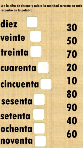 Lee la cifra de decena y coloca la cantidad  correcta  en cada recuadro de la palabra.