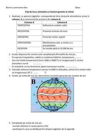 Fișă de lucru atmosfera și factorii genetici ai climei