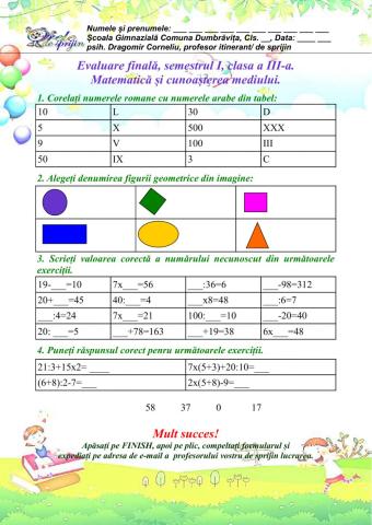 Evaluare finala semestriala MEM, cls III, semestrul I