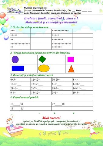 Evaluare finala semestriala MEM, cls I, semestrul I