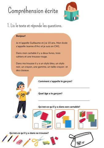 Compréhension écrite : Le matériel scolaire