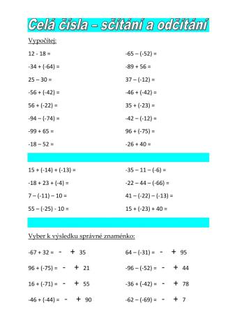 Celá čísla - sčítání a odčítání