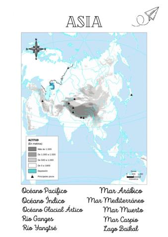 Asia. Mapa mudo fisico agua