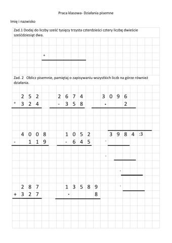 Praca klasowa Działania pisemne