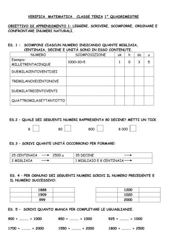 Verifica 1° quadrimestre -I NUMERI-