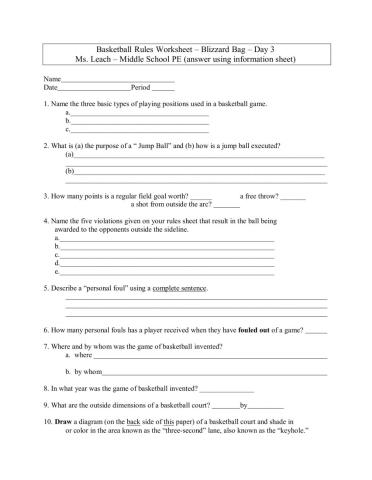 Basketball Rules Worksheet