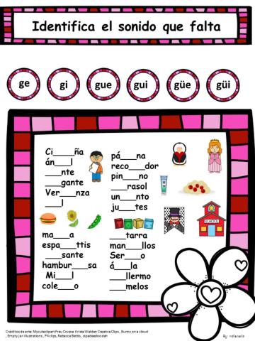 Identifica la sílaba correcta ge, gi, gue, gui, güe, güi