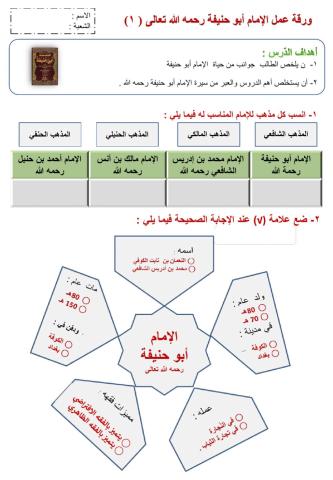 ورقة عمل لدرس الإمام أبو حنيفة رحمه الله ( 1)ـ