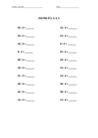 Dalyba iš 2, 3, 4, 5