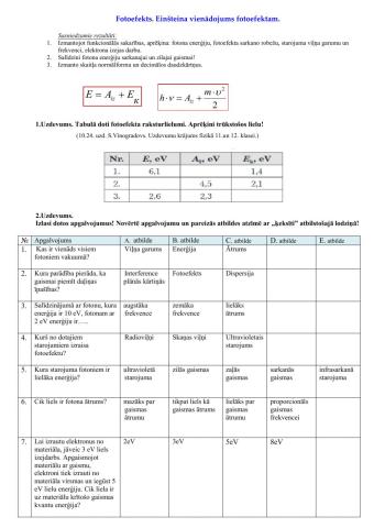 Fotoefekts. Einšteina vienādojums fotoefektam.