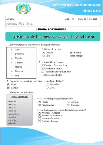 Atividade gênero textual lista 2