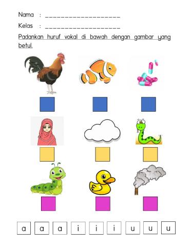 Padankan huruf vokal dengan gambar (drag and drop)