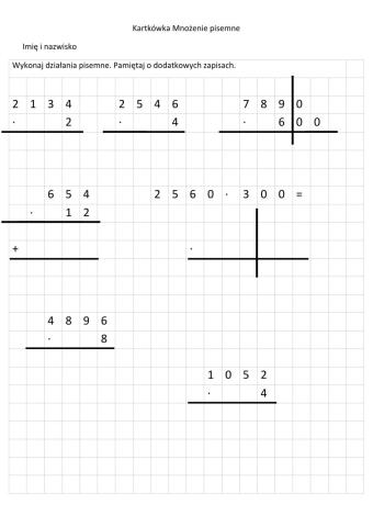 Kartkówka Mnożenie pisemne
