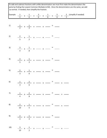 Add and Subtract Unlike  Fractions