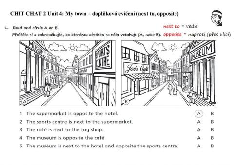 Chit Chat 2 Unit 4 - My town - doplňková cvičení (opposite, next to)