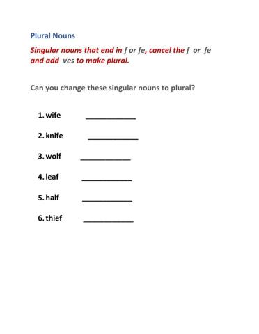 Singular and Plural Nous- Adding ves